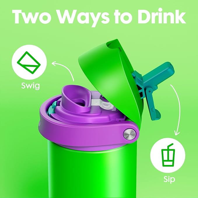 18 oz Kids Water Bottle for School: Meoky 18 oz Stainless Steel Insulated Water Bottle with 2-in-1 Straw and Spout Lid - Leak Proof, Cold for 24 Hours, BPA-Free for Teens Boys Girls, Power Green