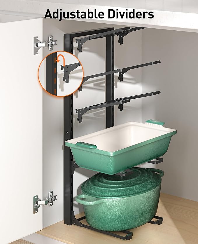 ORDORA 10-Tier Pots and Pans Organizer under Cabinet, Kitchen Cabinet Organizers and Storage, Heavy Duty Pots and Pan Storage Rack Organizer inside Cabinet, Adjustable