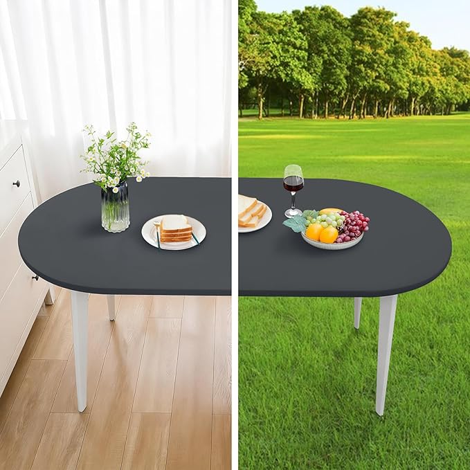 NEWISHER Fitted Oval Tablecloth 42 x 60 Inch Elastic Table Cloth, Stretch Spandex Table Cover Grey Washable Polyester Top Cap Cover for Dining Picnic Camping Indoor and Outdoor