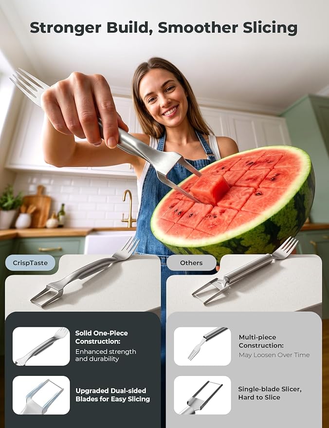 CripsTaste 2 Pack Watermelon Fork Cutter Slicer Tool, 2-in-1 Stainless Steel Fruit Cutter Melon Slicer Cutter Tool, Watermelon Cutting Tool for Home Party Camping Kitchen Gadget