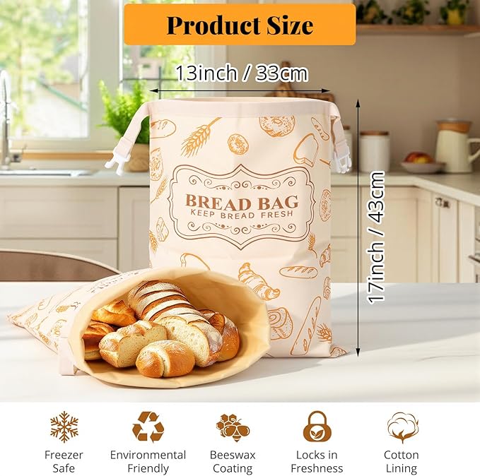 Homelove 2 Pack Beeswax Bread Bags for Sourdough Homemade Bread - Reusable Organic Linen Bag Cotton Lining Sourdough Natural Beeswax Bread Storage Bag, Keep Fresh and Upgraded XLarge Capacity Portable