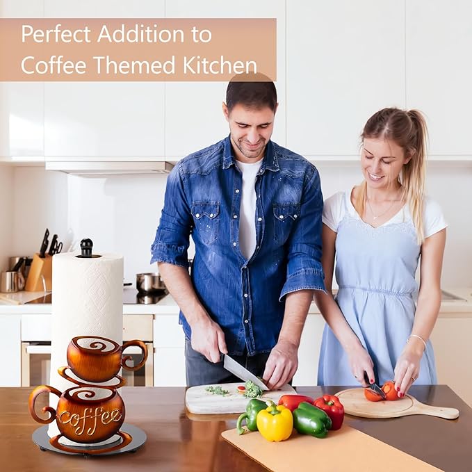 Standing Paper Towel Roll Holder Countertop for Coffee Lovers Women Men, Farmhouse Kitchen Decor and Accessories, Coffee Table Decor for Kitchen Home, 3D Hand-Painting Pattern, Metal