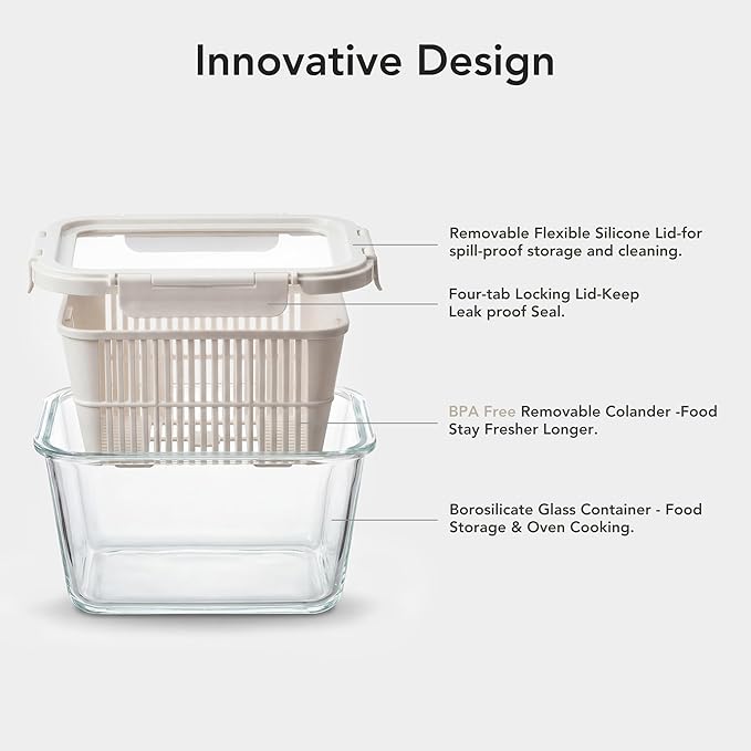 GENICOOK Glass Produce Storage Containers for Fridge, 2-Pack – Airtight Fruit & Vegetable Containers with Removable Colanders, Flexible Silicone Lids,LeakProof, BPA-Free Borosilicate Glass