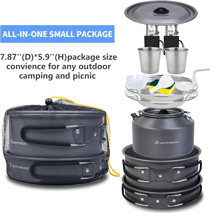 22-Piece Camping Cookware Set | Bare Hard-Anodized Aluminum Mess Kit with 3.1L Large Pot & 1.6L Camping Kettle | Uncoated Camping Kitchen Supplies & Backpacking Camping Kit