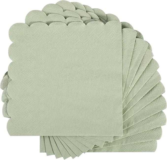 100 Pcs Cocktail Napkins, 2-Ply 5 x 5 Inches Disposable Scalloped Napkins, Thick Premium Dessert Napkins for Party, Wedding, Dinner, Birthday, Anniversary, Festival (Sage Green)
