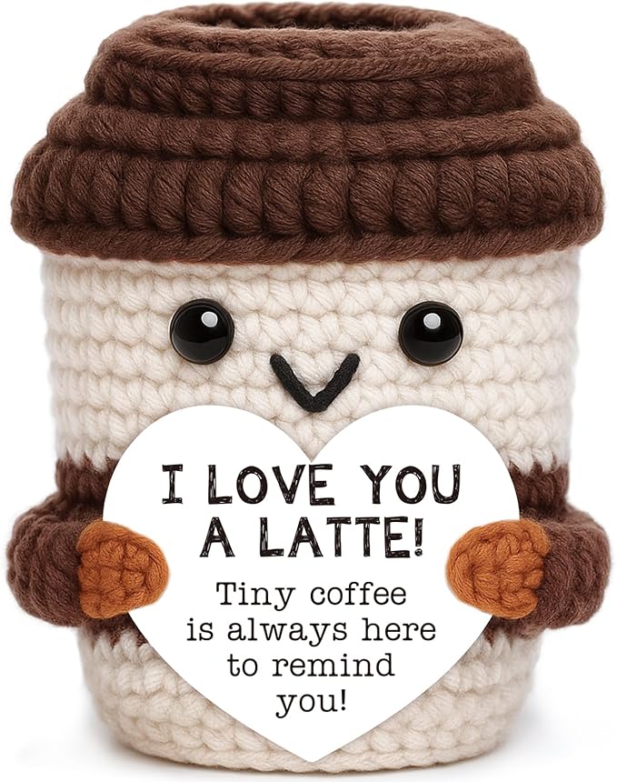 OCCdesign Mini Anniversary Birthday Gift I Love You Appreciation Present for Teacher Mom Dad Handmade Crochet Coffee Set with Coffee Lover Gifts Thank You Birthday Present