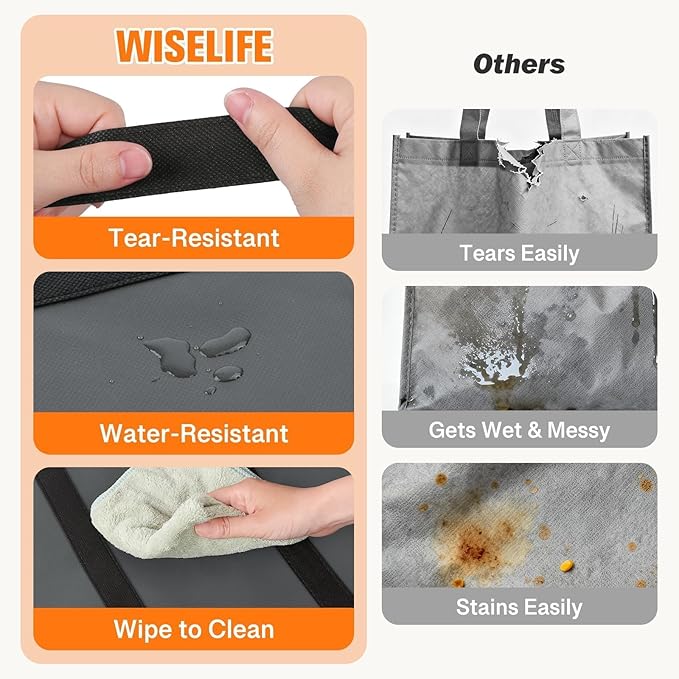 WISELIFE Reusable Grocery Bags with Handles - 10 Pack, 35L Large Shopping Bags for Groceries, Water-Resistant & Foldable Grocery Totes for Lasting Use for Kitchen, Market, Car Trunk, Picnic (Gray)