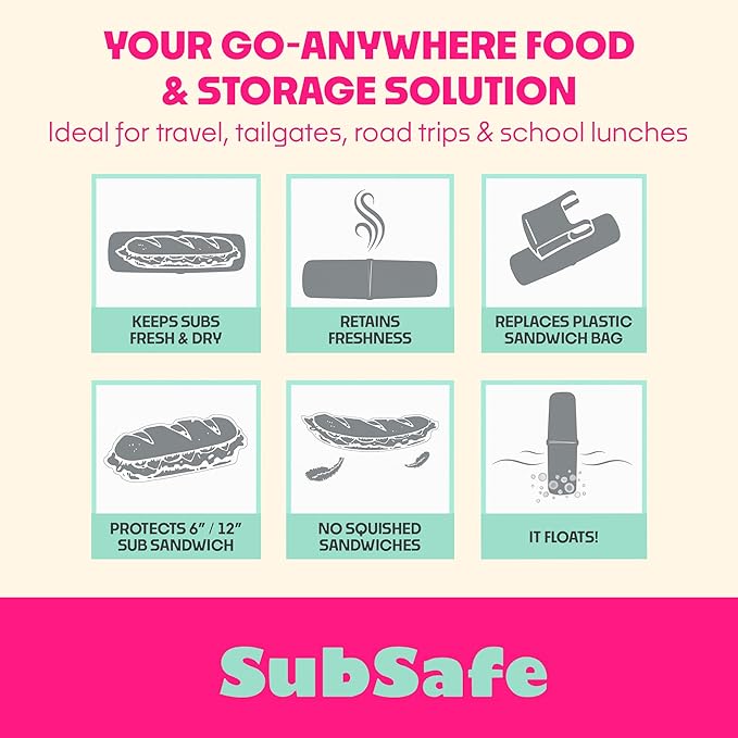SubSafe 3-Piece Sub Sandwich Container, Hot Pink - As Seen on Shark Tank - Waterproof, Crushproof, BPA-Free Food Storage that Floats - Fits 6 & 12 in Subs - Great for Travel, Beach, Camping