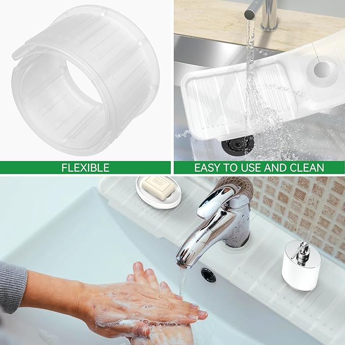 Kitchen Sink Splash Guard Behind Faucet 24 x 5.5 Inch, Toovem Faucet Handle Drip Catcher Tray, Longer Silicone Sink Faucet Mat, Dish Soap Sponge Holder for Bathroom, Farmhouse, Bar Rv