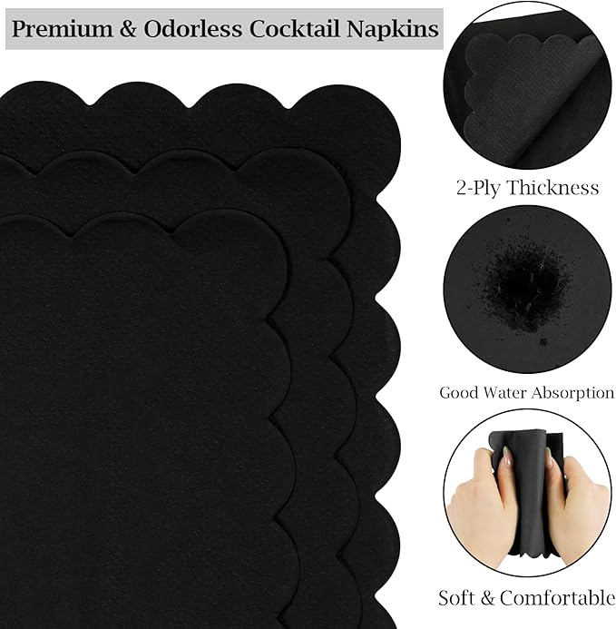 100 Pcs Cocktail Napkins, 2-Ply 5 x 5 Inches Disposable Scalloped Napkins, Thick Premium Dessert Napkins for Party, Wedding, Dinner, Birthday, Anniversary, Festival (Black)