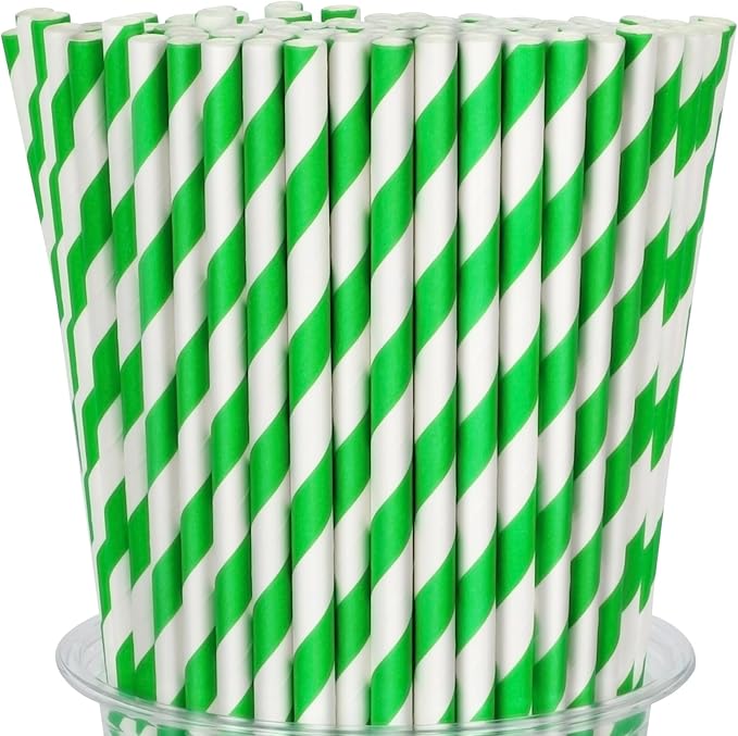 100 Packs Green Biodegradable Striped Paper Straws, Disposable Drinking Straws for Birthday Carnival Summer Pool Party Wedding Baby Shower Halloween Christmas Party Decoration Supplies
