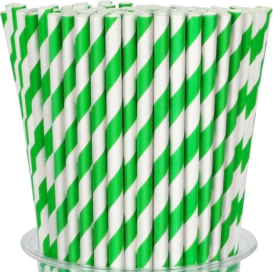 100 Packs Green Biodegradable Striped Paper Straws, Disposable Drinking Straws for Birthday Carnival Summer Pool Party Wedding Baby Shower Halloween Christmas Party Decoration Supplies