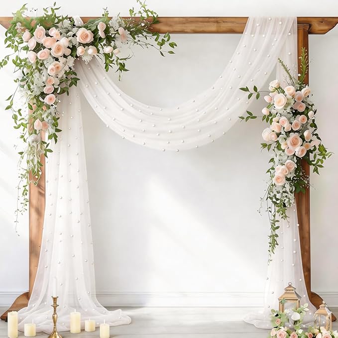 Socomi Pearl Table Runner Ivory White Summer Wedding Arch Draping Fabric 19FT Sheer Tulle Chiffon Gauze Cheese Cloth Outdoor Drapes for Birthday Party Baby Shower Bridal Engagement Decor