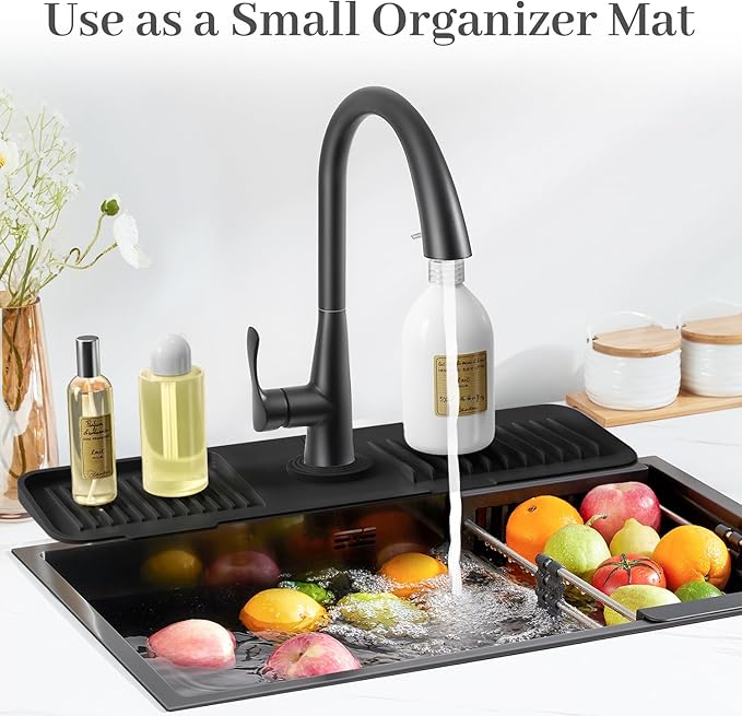 PoYang 17.7 Inch Faucet Mat for Kitchen Sink Splash Guard Behind Faucet, Sink Protectors for Kitchen Sink Faucet Mat Splash Guard for Kitchen Sink Area, Long Silicone Faucet Guard Draining Mat, Black