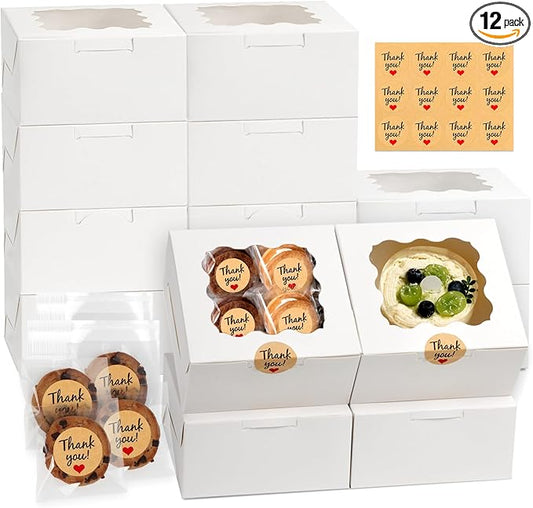 12 Pcs Cookie Boxes with Window, 6x6x3 Inches White Bakery Boxes, Treat Boxes with 50 Pcs Cookie Bags and 12 Pcs Stickers, for Dessert Pastry Chocolate Strawberries Macarons Donut Cupcake