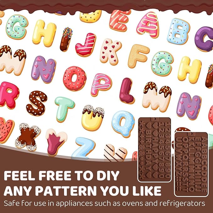 2PCS Silicone Molds for Chocolate,Number Letter Molds,Reusable Candy Molds with Happy Birthday Decorating Symbols,Mini Size Alphabet Decorating for Birthday Cake Lollipop Fondant Chocolate