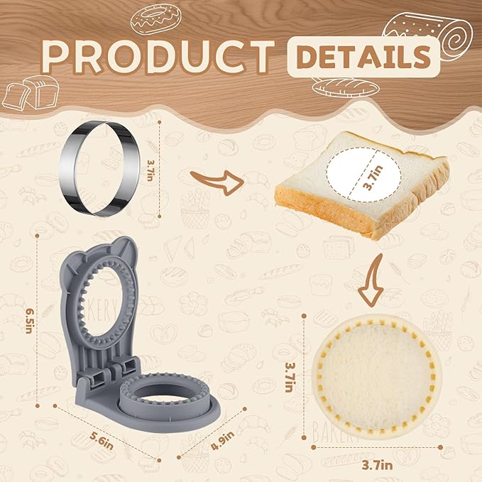 Sandwich Cutter, Maker for Kids Lunch - 3.7 Inch Circle Shape Sandwich Cutter and Sealer, Breakfast And Lunchboxes (Gray)