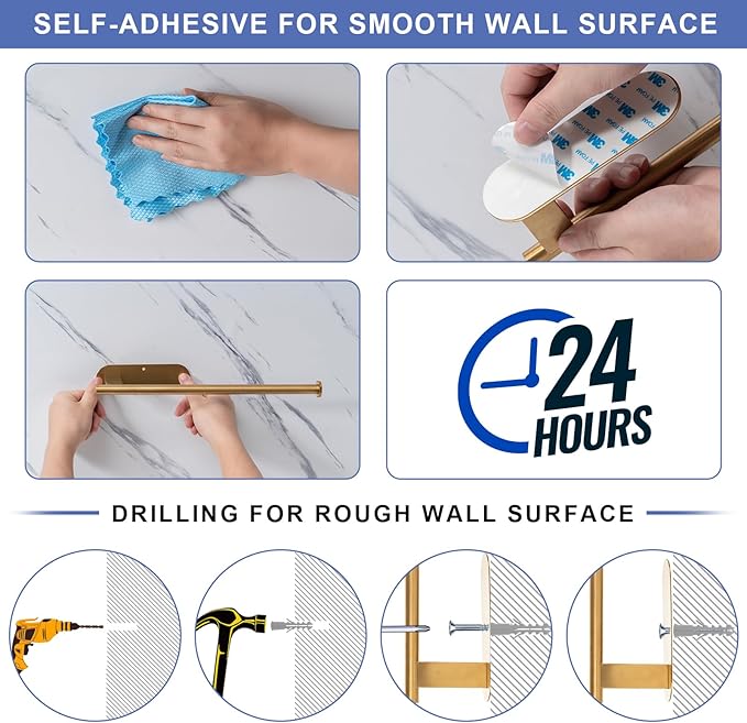 Honmein Paper Towel Holder, Upgrade SUS304 Stainless Steel Paper Towel Holder Under Cabinet, Bend-Resistant, Self-Adhesive or Drill mounting (Gold)