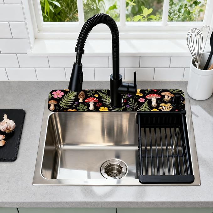 2 Pcs Kitchen Sink Splash Guard Faucet Mats Colorful Mushrooms and Flowers Pattern Faucet Mat for Sinks Leaves Absorbing Drying Mat for Kitchen Bathroom, 23.6x5.5inch