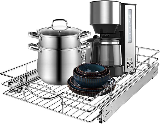 Sikarou Pull Out Cabinet Organizer, Heavy Duty Kitchen Cabinet Pull Out Shelves, Slide Out Wire Basket for Kitchen Cabinets, Bathroom, Pantry, Chrome Finish (11 * 17 in)