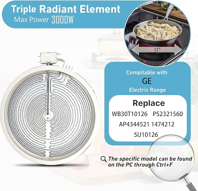 Upgraded Range 12" Triple Haliant Surface Element Replacement for GE Stove, WB30T10107 12 inch Tripe Radiant Surface Element, 1050/1950/3000W Electric Glass Stove Top Replace PS2321560 AP4344521