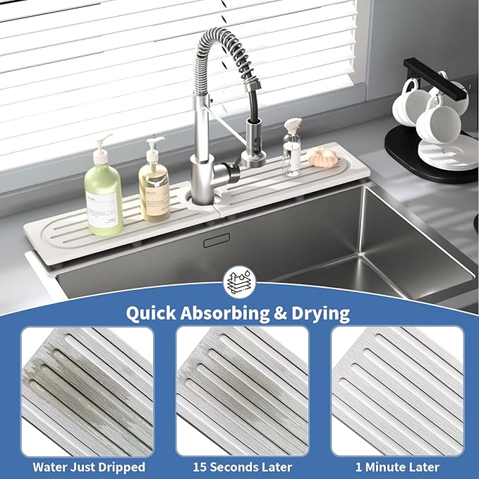 Fast Drying Kitchen Sink Splash Guard, Durable Stone Kitchen Faucet Mat, Water Absorbing Stone Tray for Sink, Diatomite Faucet Mat for Kitchen Sink, Stone Drying Mat for Kitchen and Bathroom Counter