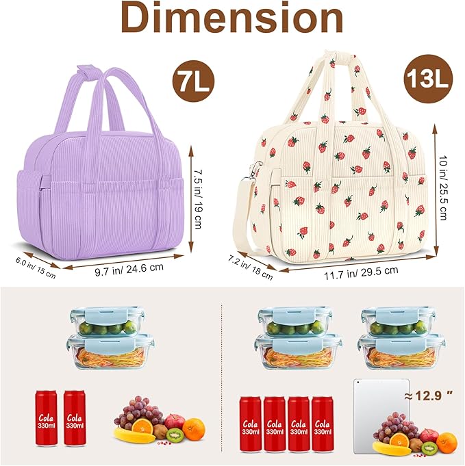 KUBYA Corduroy Lunch Box Lunch Bag for Women Men, Cute Strawberry Small Insulated Reusable Work Leakproof Simple Lunch Boxes Tote Bag Adults Cooler Bag