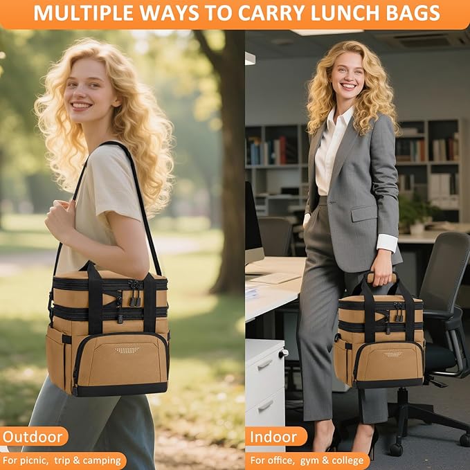 Vankor Lunch Box for Men Women, Large Double Layer Insulated Lunch Bag Tote Expandable Leakproof Waterproof Cooler Bag with Adjustable Shoulder Strap for Work Office Picnic Travel, Khaki