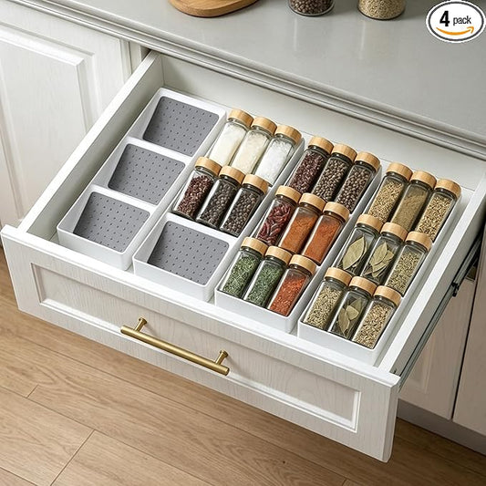 Spice Drawer Organizer,4 Pack,3 Tier Non-Slip Silicone Seasoning Jar Drawer Insert,Spice Rack Organization for Drawer,Kitchen Spice Rack Tray for Cabinet Countertop Makeup Storage