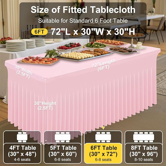 Smiry Spandex Tablecloth, Elastic Fitted Stretch Tablecloth for 6FT Rectangle Tables, Waterproof Washable Table Cover Skirt for Wedding, Banquet & Valentine's Day Parties (Pink, 72Lx30Wx30H Inch)