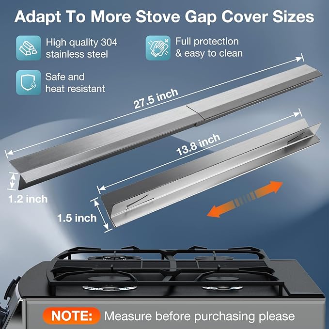 2PCS Kitchen Stove Counter Gap Covers, Stainless Steel Gap Cover, Cooktop Trim Kit, Stove Gap Guards, Oven Gap Filler, Heat Resistant & Effectively Protect Stove Gap Filler(13.8"-27.5" Silver)