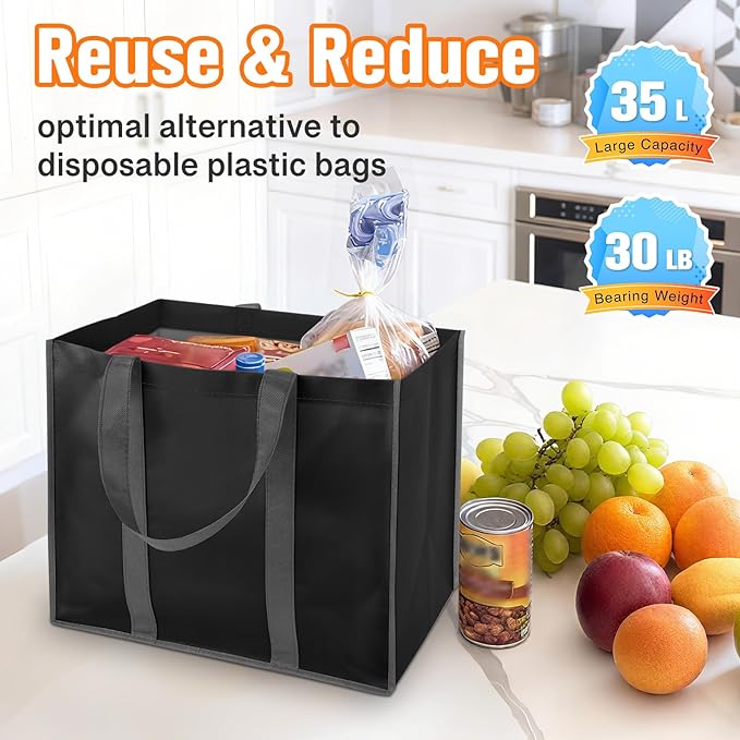 WISELIFE Reusable Grocery Bags with Handles - 6 Pack, 35L Large Shopping Bags for Groceries, Water-Resistant & Foldable Grocery Totes for Lasting Use for Kitchen, Market, Car Trunk, Picnic (Black)