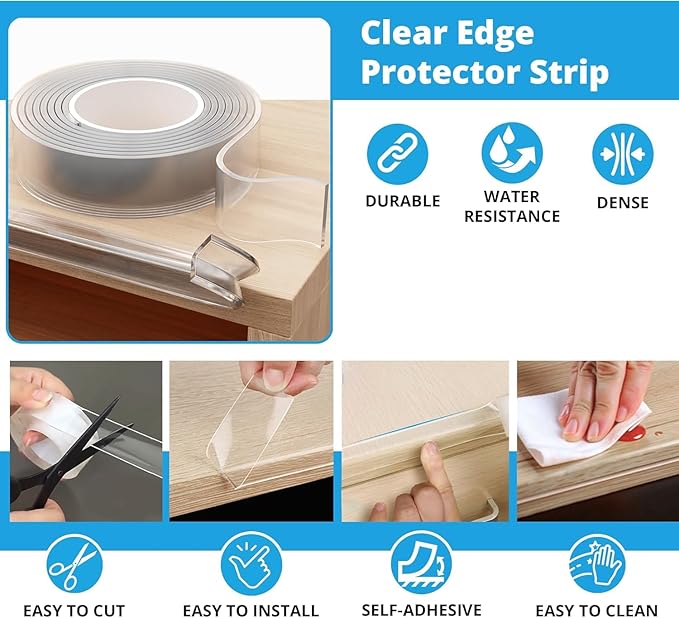 12ft Clear Edge Protector Strip | Transparent PVC Cushion Guard | Baby Safety Edge Protector Tape & Furniture Corner Bumper | Baby Proofing Set, Non-Toxic & Safe for Tables, Fireplaces & Countertops
