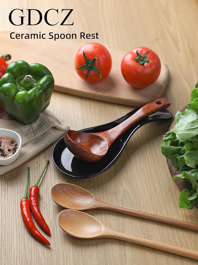 GDCZ Porcelain Spoon Rest Large Spoon Holder Utensil Rest for Kitchen Counter Stove Top, Black