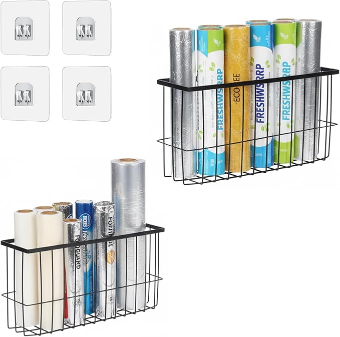 2 Pack Aluminum Foil and Plastic Wrap Organizer,Wall Mounted Cabinet Door Organizer,Kitchen Pantry Organizers and Storage,Wrapping Paper Shelf for Sandwich, Freezer, Ziplock Bag