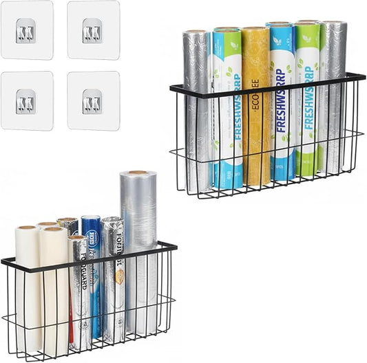 2 Pack Aluminum Foil and Plastic Wrap Organizer,Wall Mounted Cabinet Door Organizer,Kitchen Pantry Organizers and Storage,Wrapping Paper Shelf for Sandwich, Freezer, Ziplock Bag