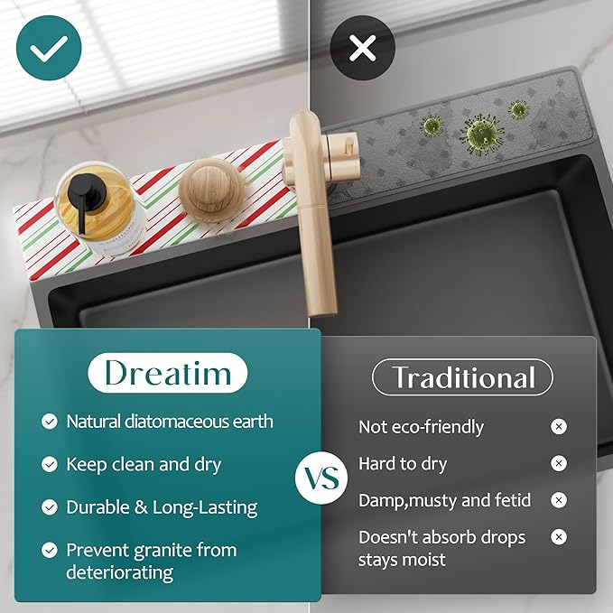Stone Faucet Mat for Kitchen Sink, Diatomite Drying Stone Mat for Kitchen Counter, Prevent Moisture – Sink Splash Guard for Holiday Gift Home Decor (Red/Green, 20''x3.9'')