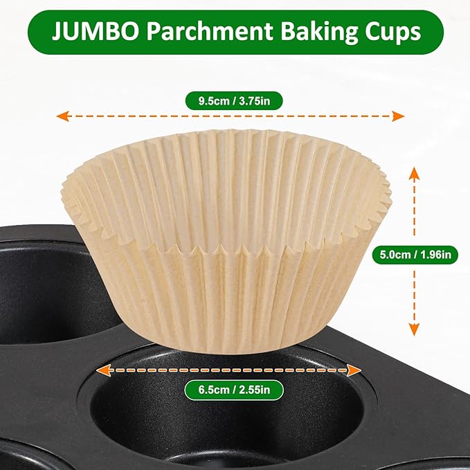 Caperci Parchment 200pcs Jumbo Muffin Liners for Baking - Natural Paper Large Cupcake Liners for Jumbo Muffin Pan, Balanced Non-Stick/Excellent Grease-proof, No Smell, Food Grade (Natural)