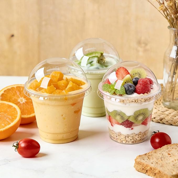 Clawsoff 200 Pack 9 oz Plastic Cups with Dome Lids, Disposable Dessert Cup No Hole, Fruit Cup, Clear Parfait Cups for Cake, Cold Drink, Ice Cream, Salad