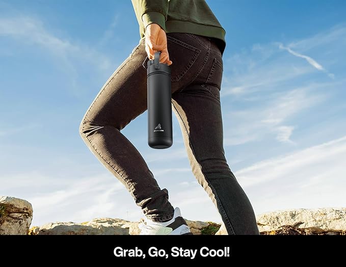 POWCAN 26 oz Insulated Water Bottle with 2-in-1 Straw and Spout Lid, Keep Cold 24H, Leak-Proof, Fits in Car Cup Holder, Stainless Steel Water Bottle for Sports, Travel, Gym, and School (Obsidian)
