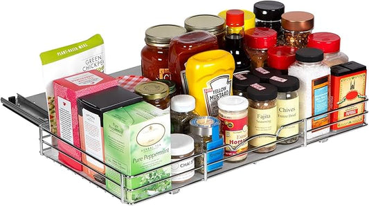 Pull-Out Cabinet Spice Rack Organizer - Slim Slide-Out Storage for Spices, Bottles & Jars, Premium Heavy-Duty Steel, Easy Install for Narrow Kitchen Cabinets - 20 ⅜ W x 10 ½ D x 2 ¾ H, Chrome