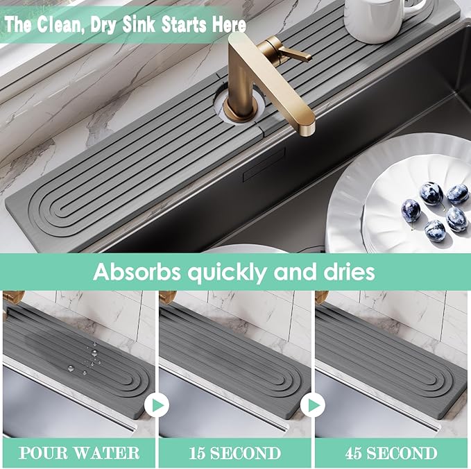 Stone Faucet Mat for Kitchen Sink, Diatomite Drying Stone Tray & Sink Protector, Water-Absorbing Splash Guard, Prevent Moisture on Kitchen & Bathroom Counter (Dark Gray,23.6" x 3.9")