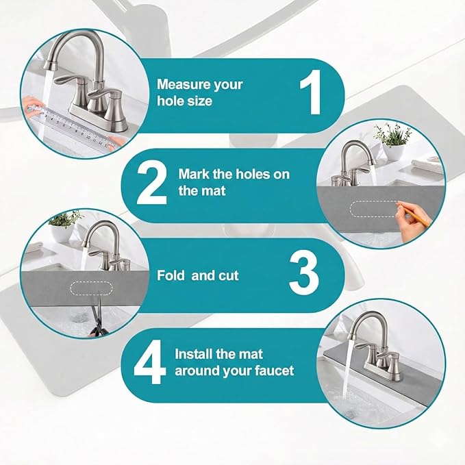 Customizable Faucet Mat for Kitchen Sink: 30"L x 5.5"W DIY Cuttable Bathroom Counter Protector - Cut to Fit with 2 or 3 Hole & Oval Rectangle Square Faucet Design - Extra Long Absorbent Splash Guard