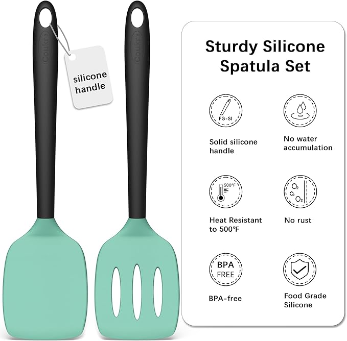 Coukre 2 Pack Silicone Spatula Set, High Heat Resistant, BPA Free Kitchen Spatula, Solid & Slotted Turner for Non-Stick Pans, Sautéing, and Flipping (2, AquaGreenBlack)