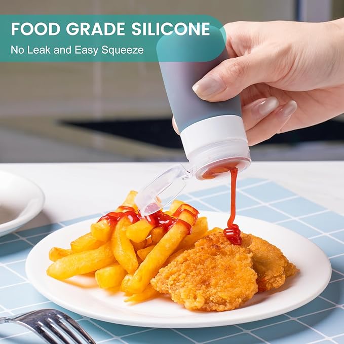 MICEBAY Condiment Squeeze Bottles for Sauces, 2-oz Mini Silicone Salad Dressing Container to Go with Snack Storage Bag, Leakproof Sauce Bottles for Lunch Box, 4 Pack, Mint