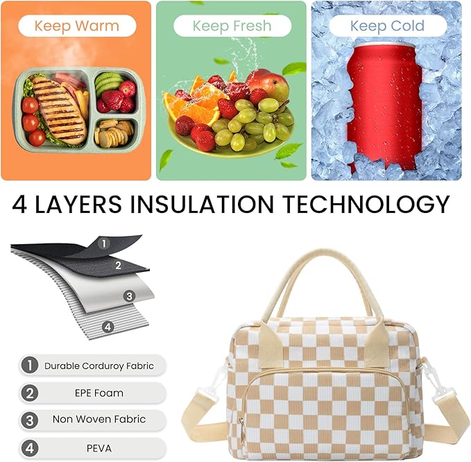 MAMONA Lunch Bag for Women Men Large Capacity Reusable Lunch Box Corduroy Insulated Cooler Tote Bags for Office Picnic