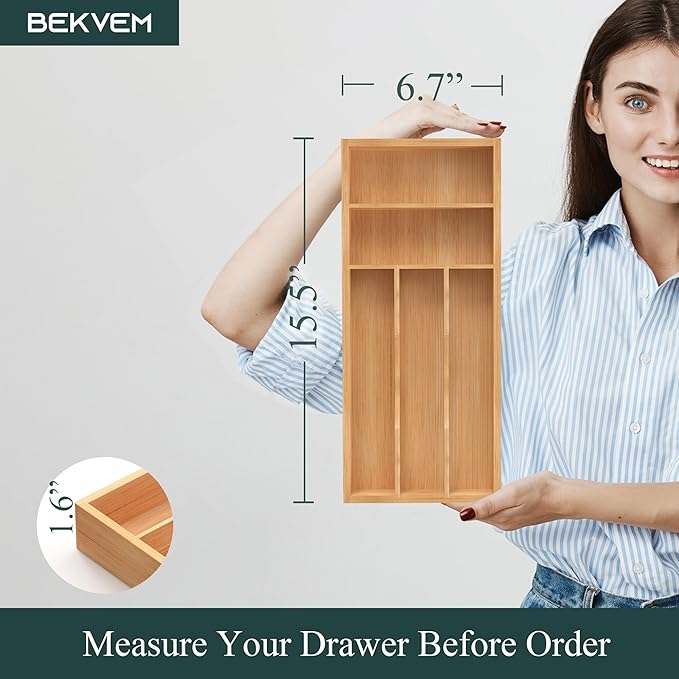 Silverware Organizer, Bamboo Kitchen Drawer Organizer, Utensil Holder, Cutlery Tray & Spoon Flatware Storage with Grooved Drawer Dividers (6.7''W x 15.5''D)