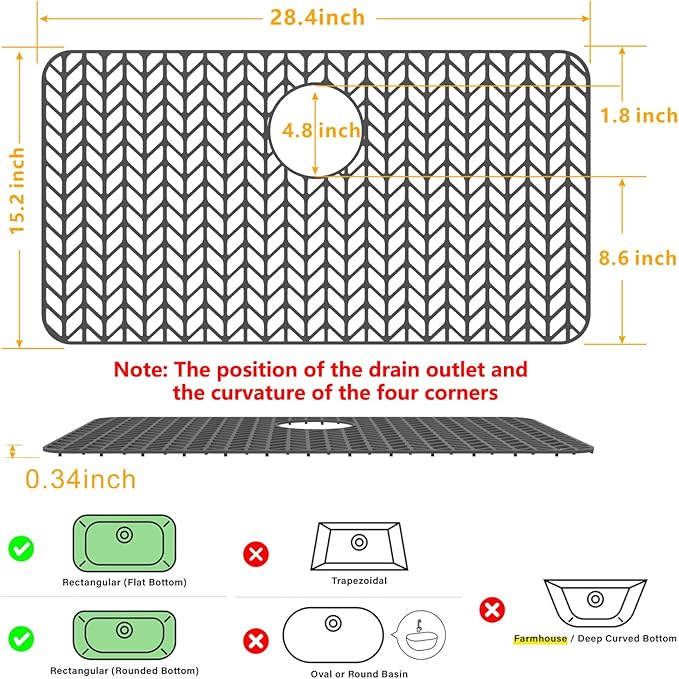 Sink Protectors for Kitchen Sink 12"13"16"18"19"24"26"28"29"30",Silicone kitchen sink mats protector for bottom of farmhouse sink(28.4"x15.2"Gray)