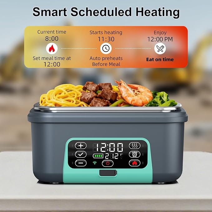 Cordless Electric Heated Lunch Box, XL 6.3Cups Rechargeable Food Warmer Lunch Box with Self Heating, Smart Timer, Adjustable Temperature, Leakproof, BPA Free, Removable Divider Dark Gray