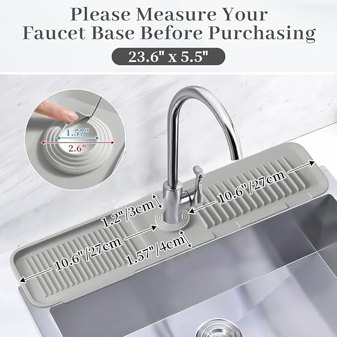 PoYang 24 Inch Faucet Mat for Kitchen Sink Splash Guard Behind Faucet, Sink Protectors for Kitchen Sink Faucet Mat Splash Guard for Kitchen Sink Area, Longer Faucet Guard & Draining Mat, Light Grey